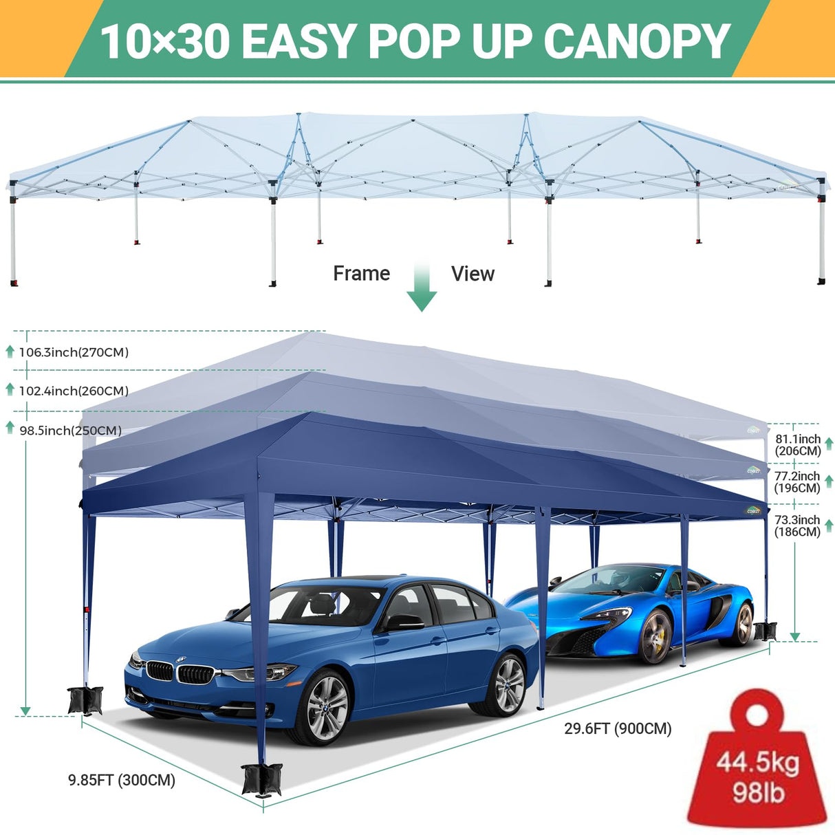 COBIZI 10x30 Canopy Party Tent with 8 Walls 10x30 Pop Up Tent for Parties Waterproof UPF 50+ Outdoor Commercial Event Tent for Party Backyard Gazebo Canopy with Sidewalls & Sandbags(navy blue,10x30ft COBIZI