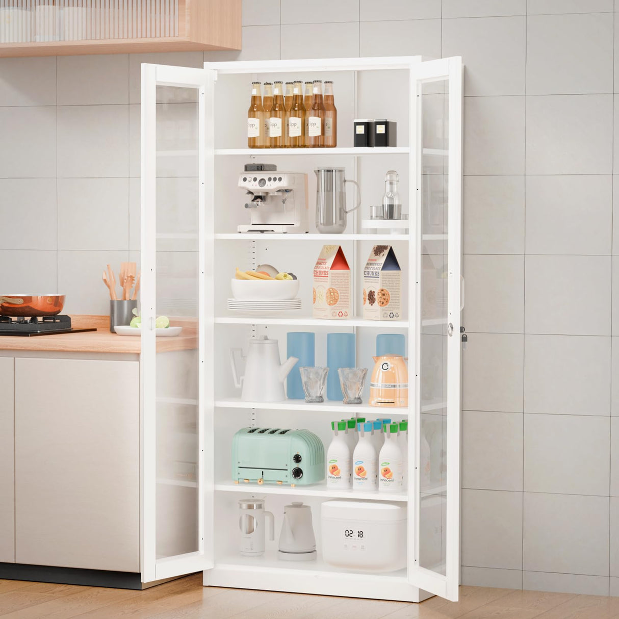 VINGLI Lockable Display Cabinet with Glass Doors & 5 Adjustable Shelves, 71" Tall White Metal Storage Cabinet Curio Liquor, Bookshelf Bookcase for Home Office Living Room Pantry Garage VINGLI