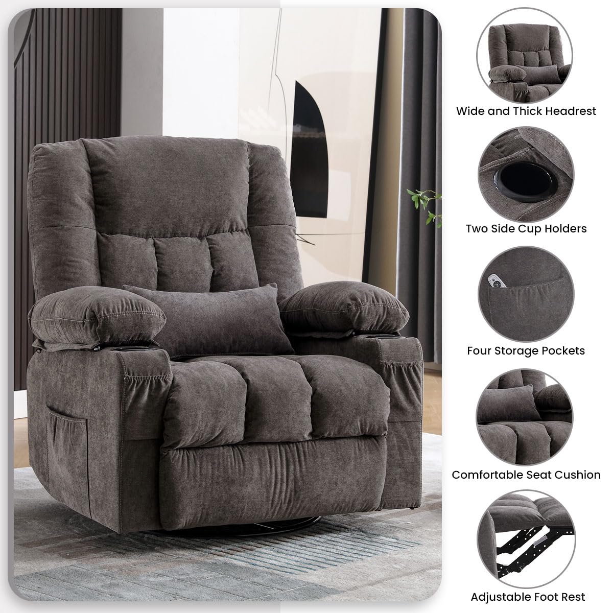 BOSMILLER Oversized Recliner Chair for Adults with Vibration Massage and Lumbar Heating Swivel Rocker Recliner with Cup Holder and USB Charge Port for Living Room BOSMILLER