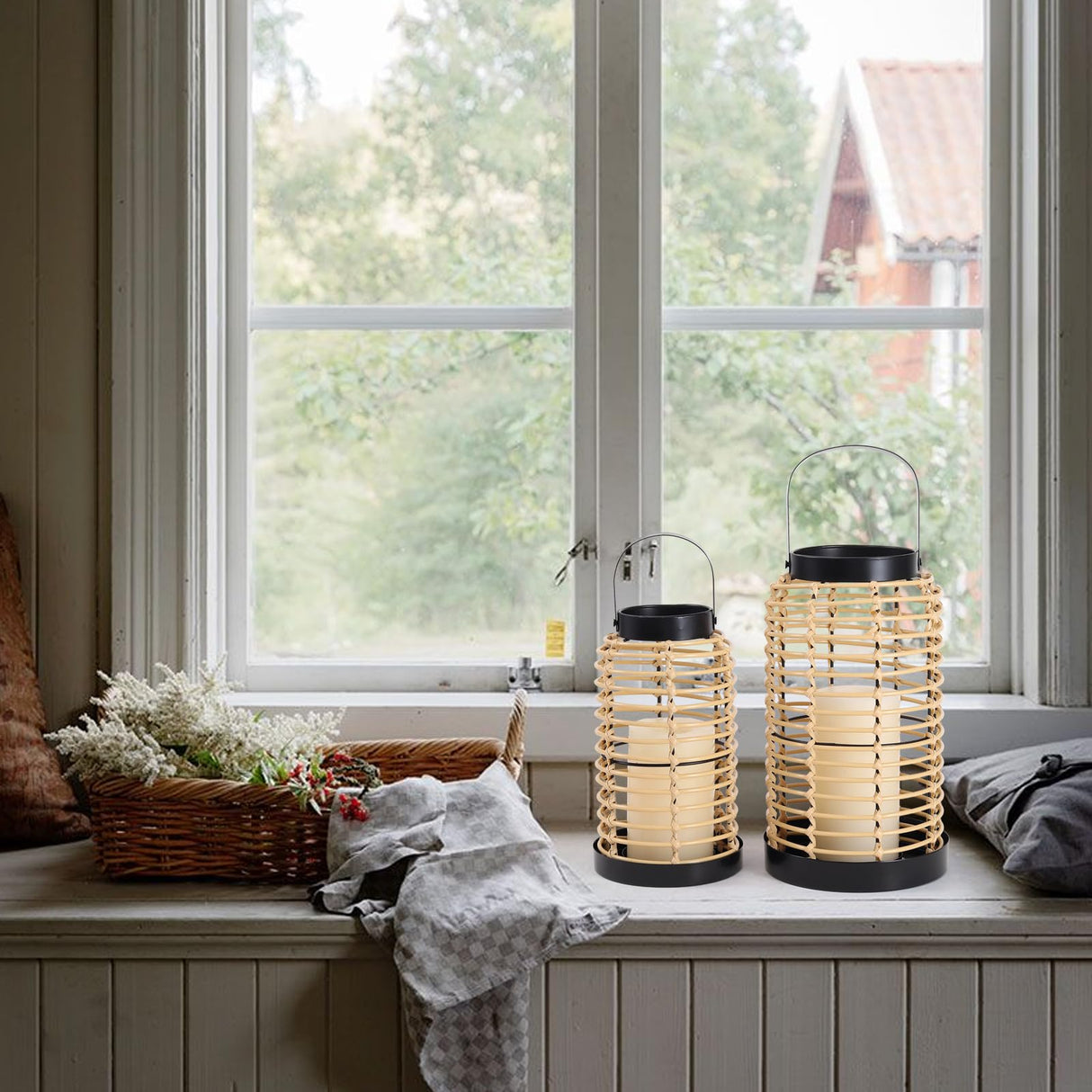 Handwoven Boho Lanterns Set of 2 – Decorative Candle Holders for Living Room, Dining Table Centerpiece, Patio & Porch – Modern Farmhouse & Bohemian Home Décor, Handcrafted Woven Lanterns SUJUN