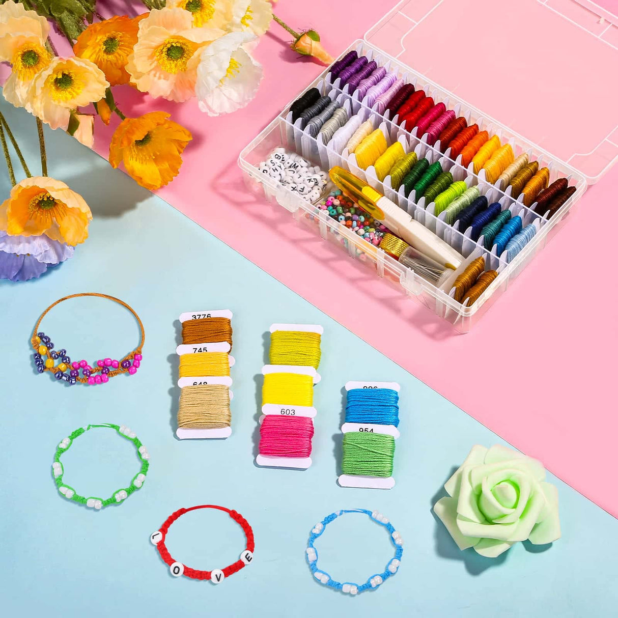 PAXCOO 488Pcs String Bracelet Making Kit, Friendship Bracelet String Kit with 50 Skeins Embroidery Floss Cross Stitch Thread, 400Pcs Friendship Bracelet Beads, 37Pcs Embroidery Tools PAXCOO