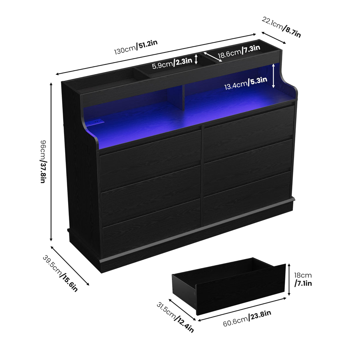 Dresser for Bedroom, 6 Drawer Dresser with LED Lights and Charging Station, Wide Chest of 6 Drawers with Open Space, Modern Large Capacity Storage Cabinet, Living Room, Hallway, Black GarveeHome