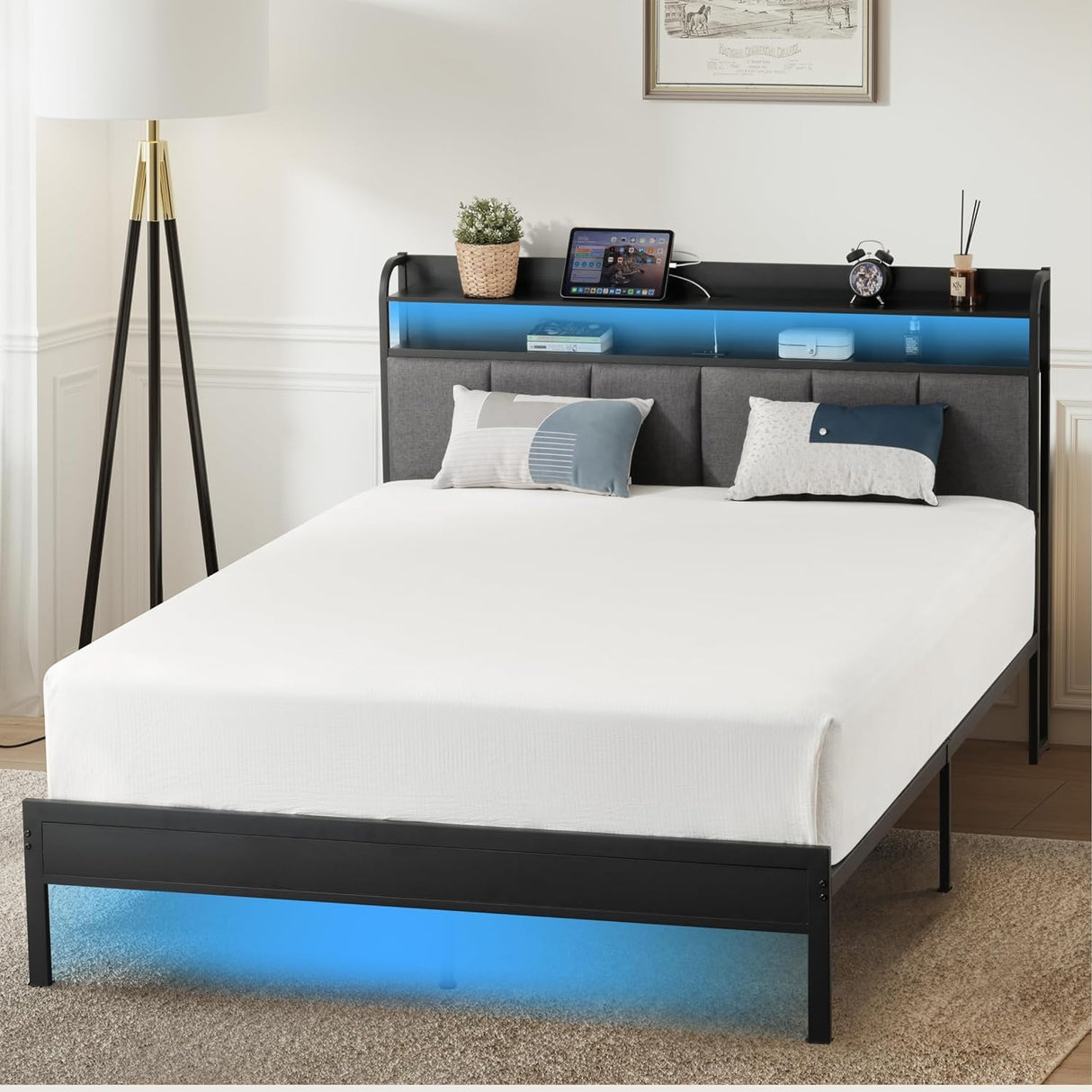 Z-hom Twin Metal Bed Frame with LED Headboard, Charging Ports & Storage Shelves - Grey Z-hom