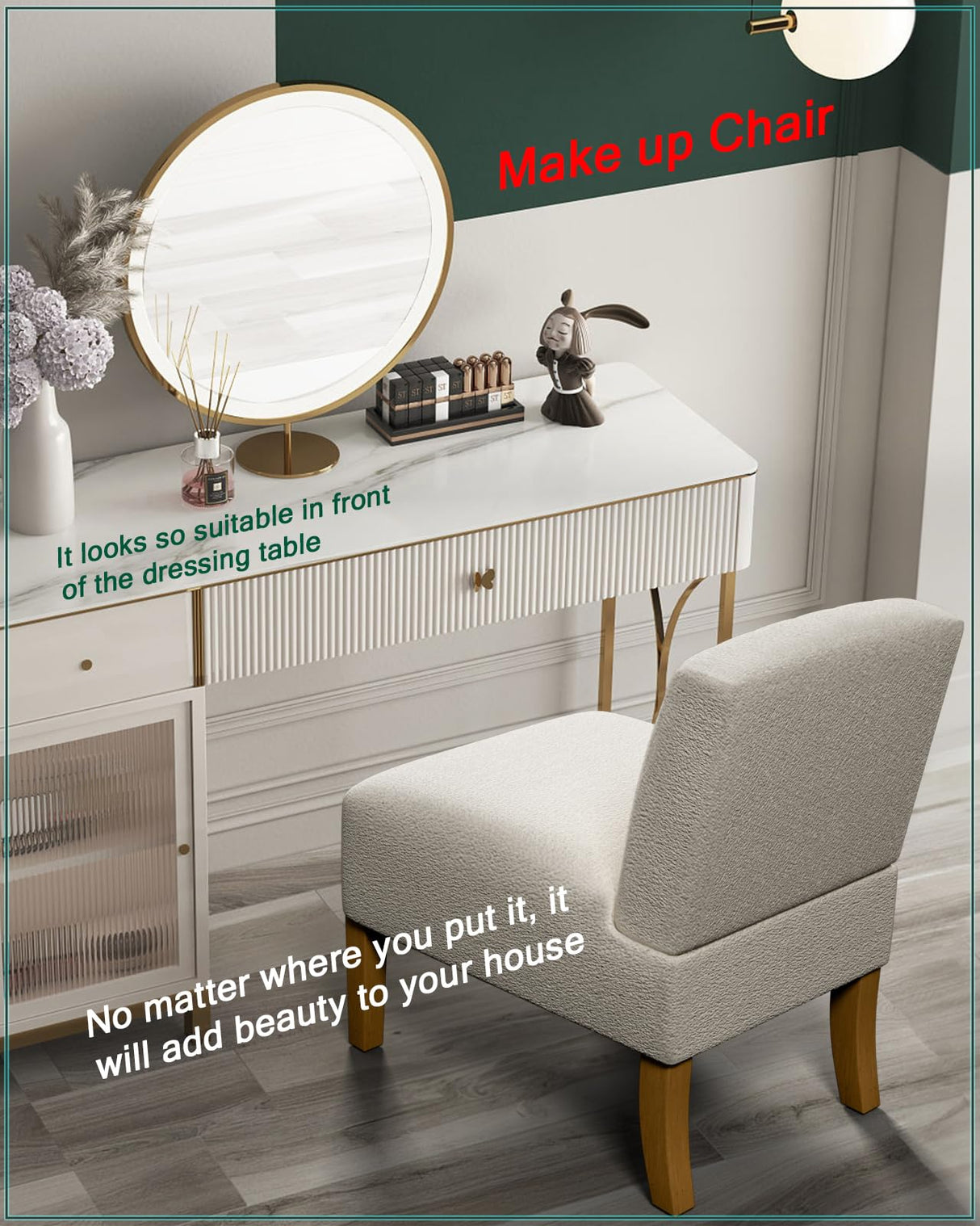 Armless Accent Chairs Set of 2 for Bedroom, Bedroom Chair for Bedroom Living Room Chair with Solid Wood Legs, Makeup Vanity Chair Fabric Comfy Upholstered Reading Chair Accent Chair,Beige VIRRMO