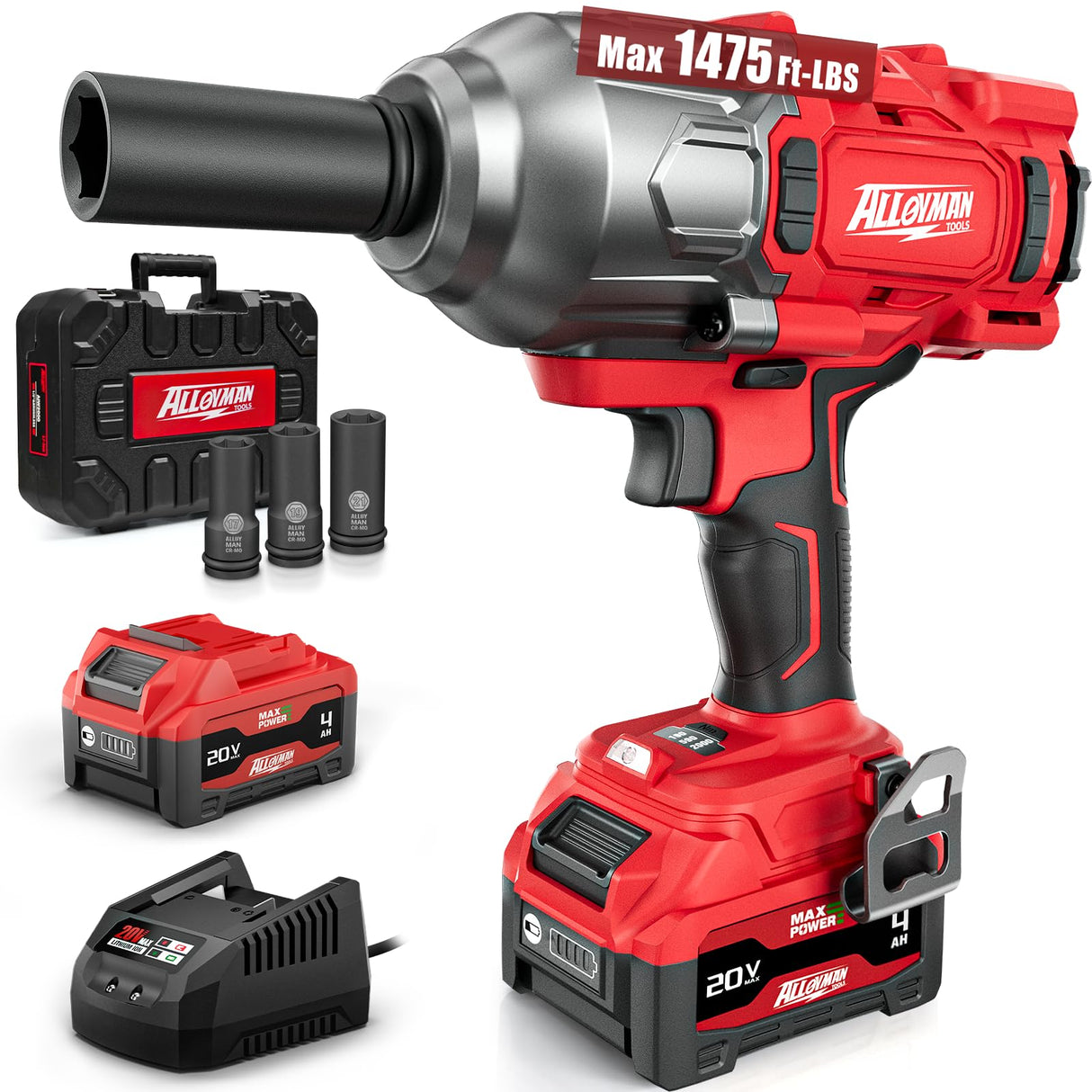 Alloyman Cordless Impact Wrench, 1475Ft-lbs (2000N.m) 1/2 High Torque Brushless Impact Gun, 20V Power Impact Driver, 4000mAh Battery,3 Sockets, Brushless Motor Variable Speeds for Car/Truck RV/Mower Alloyman