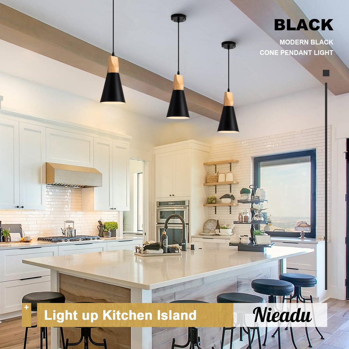 Black Wood Nordic Pendant Light for Kitchen Island, 3-Pack Modern Small Pendant Hanging Lighting for Dining Room, Restaurant, Bar, Light Over Island, Kitchen Sink Nieadu