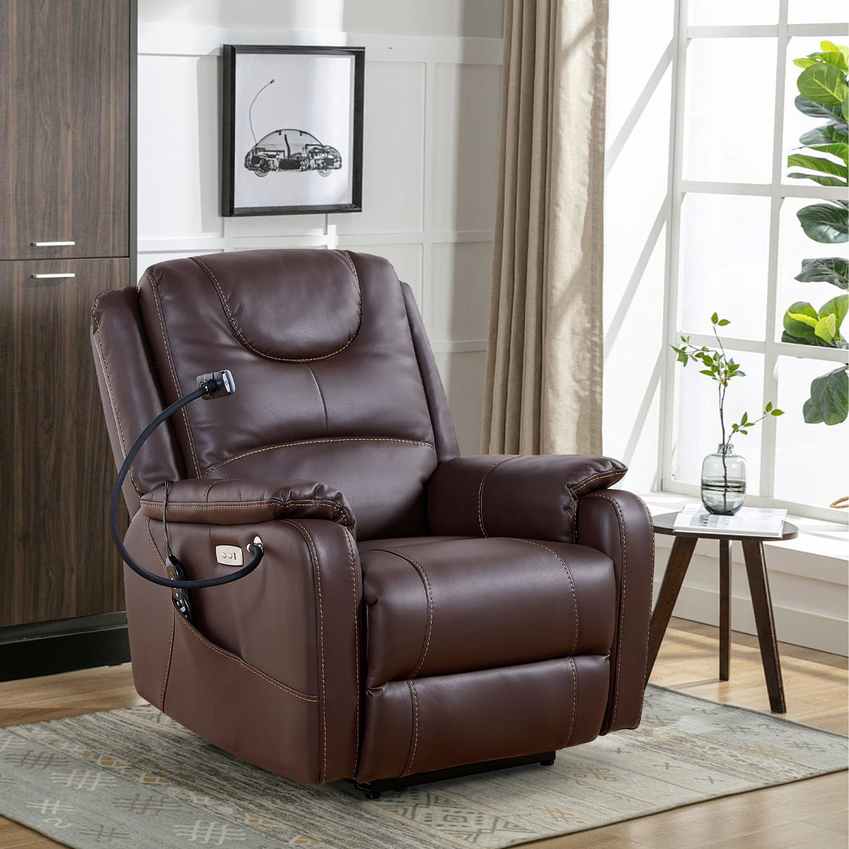 SoarTalent Zero Gravity Power Recliner Chairs for Adults 139°Single Sofa Chair Massage and Lumbar Heating with USB Port, Phone Holder, Side Pocket, Eco Leather(Brown) SoarTalent