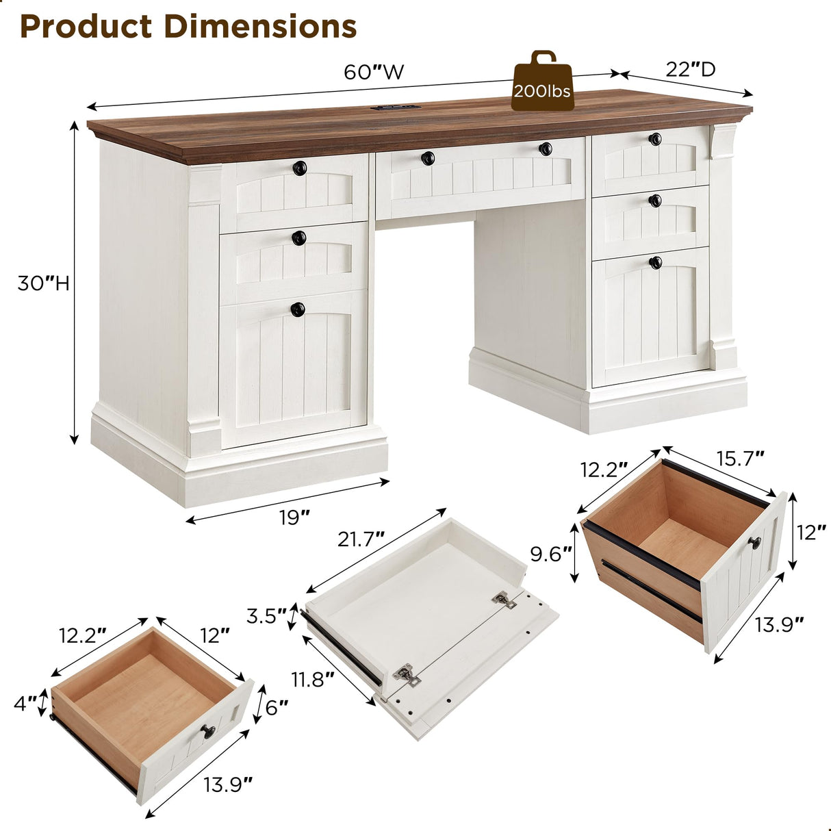 OKD 60" Executive Desk with Drawers, Farmhouse Home Office Desk with Charging Station, Keyboard Tray, File Cabinet Storage, Wood Computer Desk for Work and Study, Antique White OKD