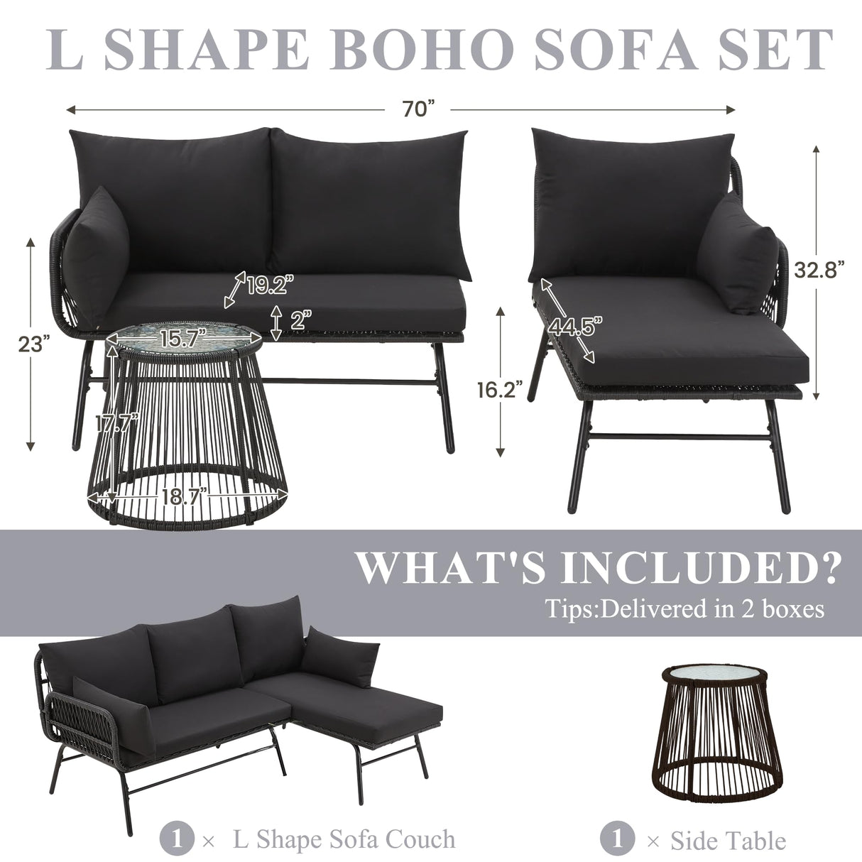 Bezseller 3-Piece Outdoor Patio Furniture Set, L-Shaped Rattan Sectional Sofa with Thick Cushions, Glass Coffee Table – All-Weather Conversation Set for Backyard, Porch, Poolside Bezseller