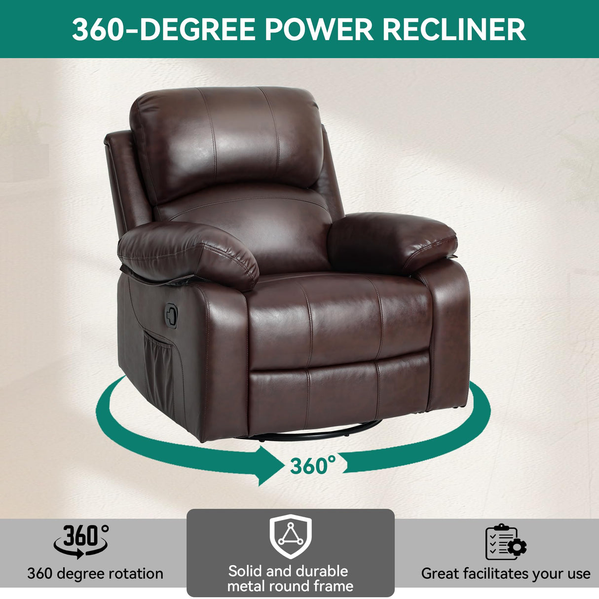 DWVO Rocker Recliner Chair with Heat and Massage, Manual Reclining Chair with Overstuffed Armrest, Rocking Function and Side Pocket, Faux Leather Recliner for Living Room,Brown DWVO