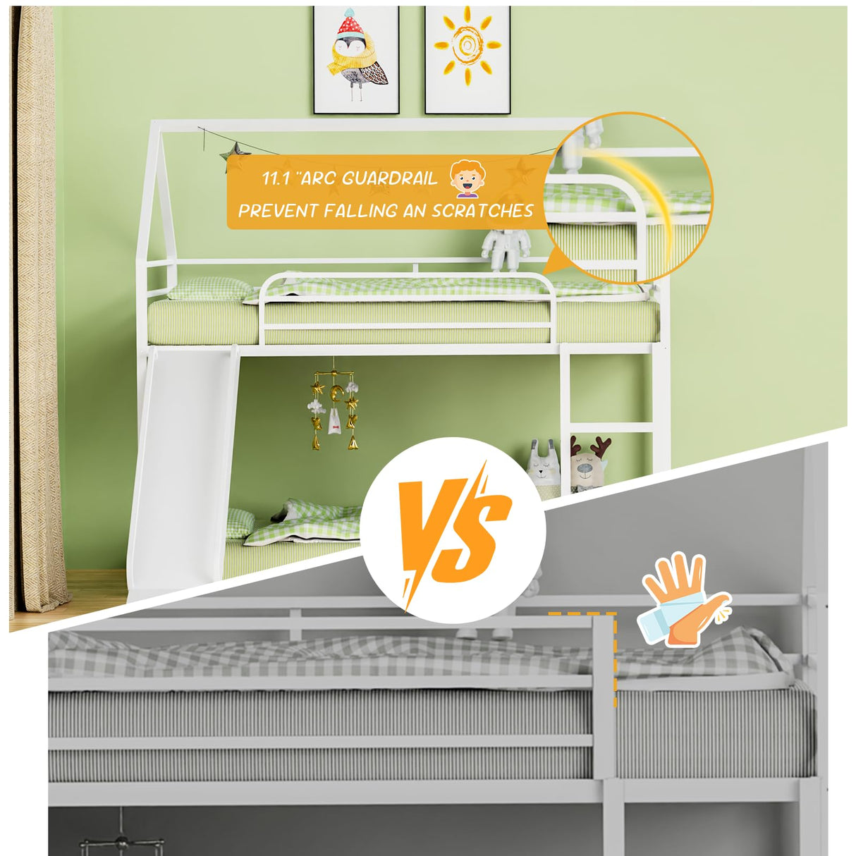 Varmsteda Bunk Bed Twin Over Twin for Kids with Slide and Ladder, Metal Floor Bunk Bed Frame with Full-Length Guardrail, Space-Saving Bunk Beds, White Varmsteda
