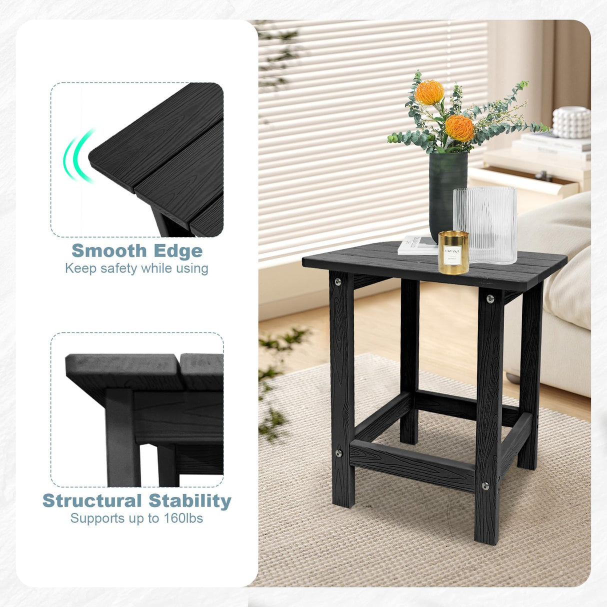 Meluvici Outdoor Side Table, HDPS Single Adirondack Side Table Weather Resistant, Outdoor Table for Adirondack Chair, Outside End Table for Patio, Pool, Deck, Porch, Outdoor or Indoor Use, Black Meluvici