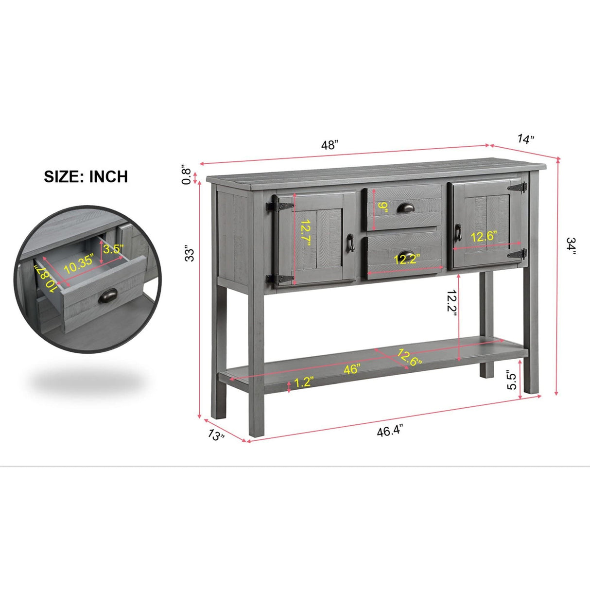 SPOFLYINN 48'' Solid Wood Sideboard Cabinet with 2 Drawers Cabinets Bottom Open Shelf 220LB Load Capacity Console Table for Living Room Hallway Entryway Grey One Size SPOFLYINN