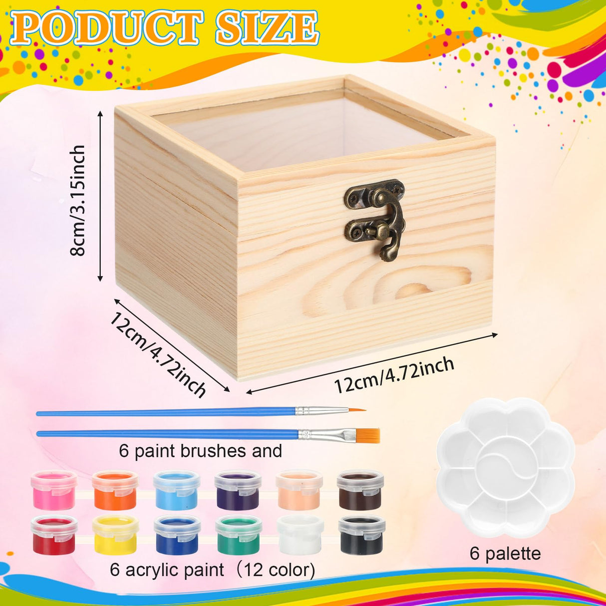 Chunful 6 Set Unfinished Wooden Boxes for Crafts 4.72 x 4.72 x 3.15 Inch Small Wood Jewelry Treasure Chest Box with Hinged Glass Lid for DIY Project Craft Painting Gifts Chunful
