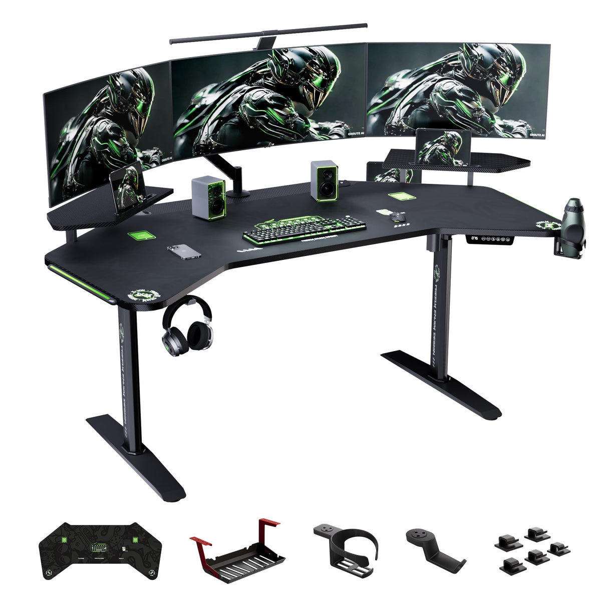 Klobel 63" Standing Gaming Desk with Dual Motor, Wing-Shaped Computer Desk with Full Coverage Mouse Pad, Electric Height Adjustable Standing Desk with RGB LED Lights and Slot Design Shelves Klobel