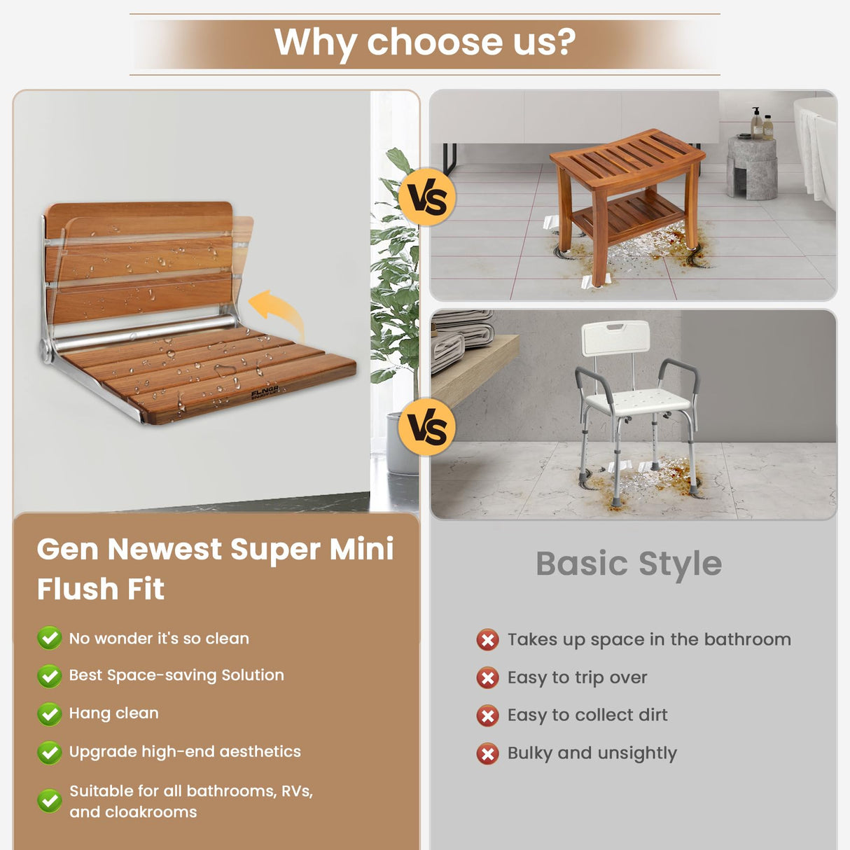 Folding Teak Shower Seat Wall Mounted,Fold Down Shower Seat,Foldable Shower Bench,Home Care Teak Shower Seat Bench for Inside Shower,Folding Shower Seat Bench,Wall Mount Shower Seat for Christmas Flngr