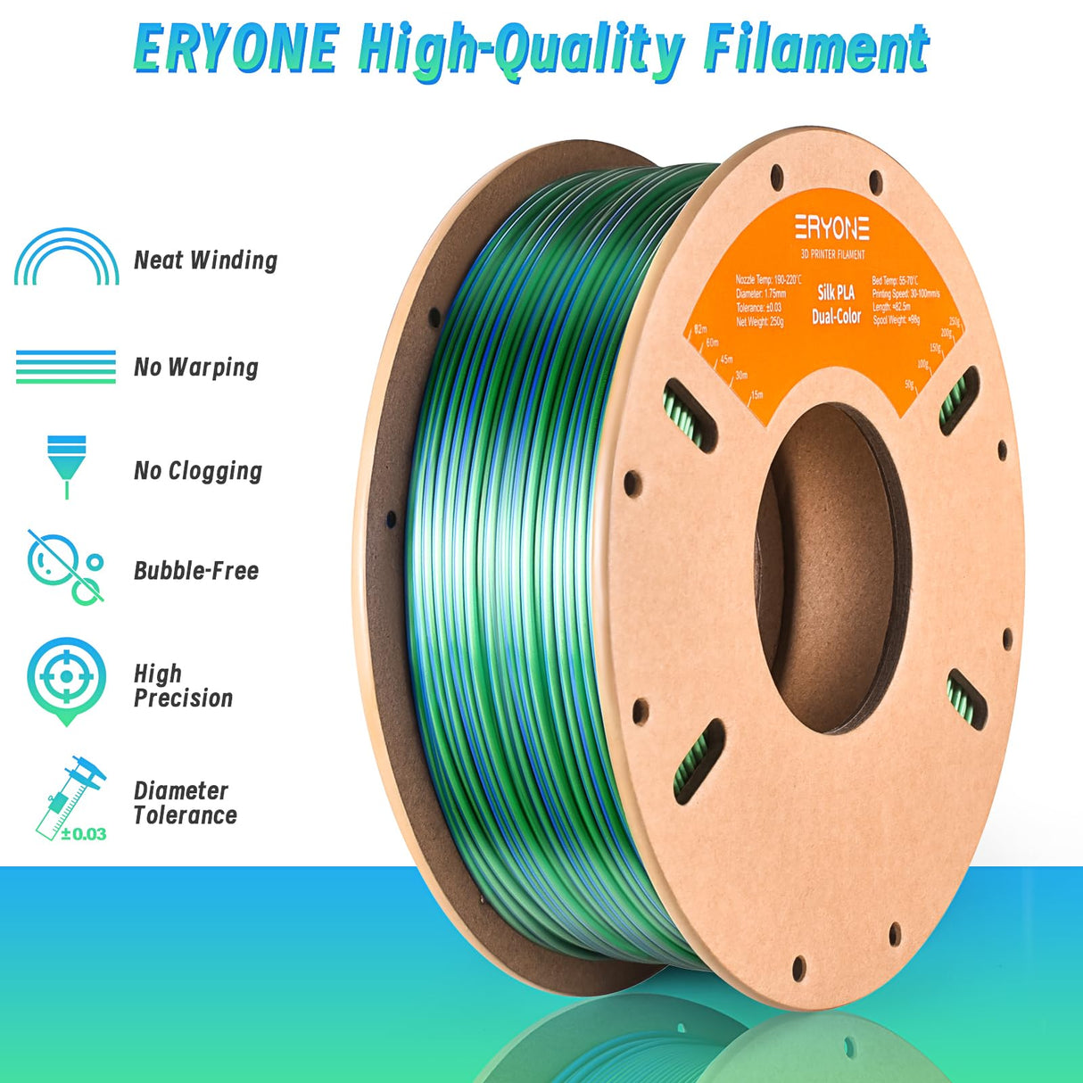 ERYONE Silk Dual Color PLA Filament 3D Printer 1.75mm +/- 0.03mm, Bicolor Filament Two Tone PLA 250G(0.55lbs) Cardboard Spool, Blue Green ERYONE