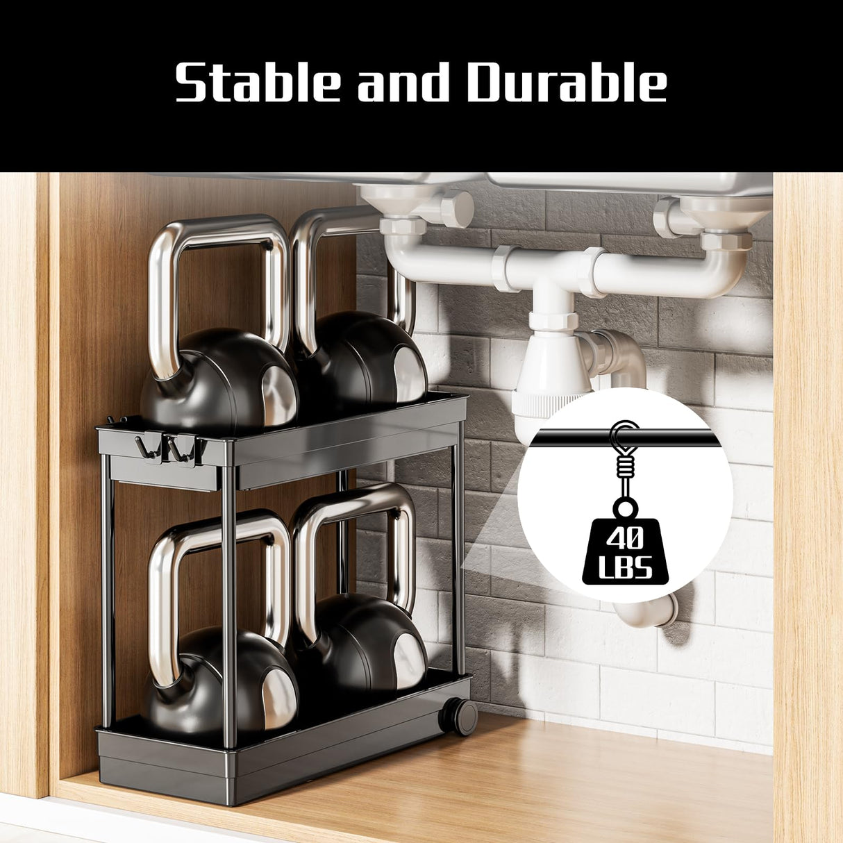 Cicilyna 2 Pack Under Sink Organizer, 2 Tier Bathroom Cabinet Organizers and Storage with Hook, Multi-purpose Storage Basket Shelf for Kitchen, Black Cicilyna