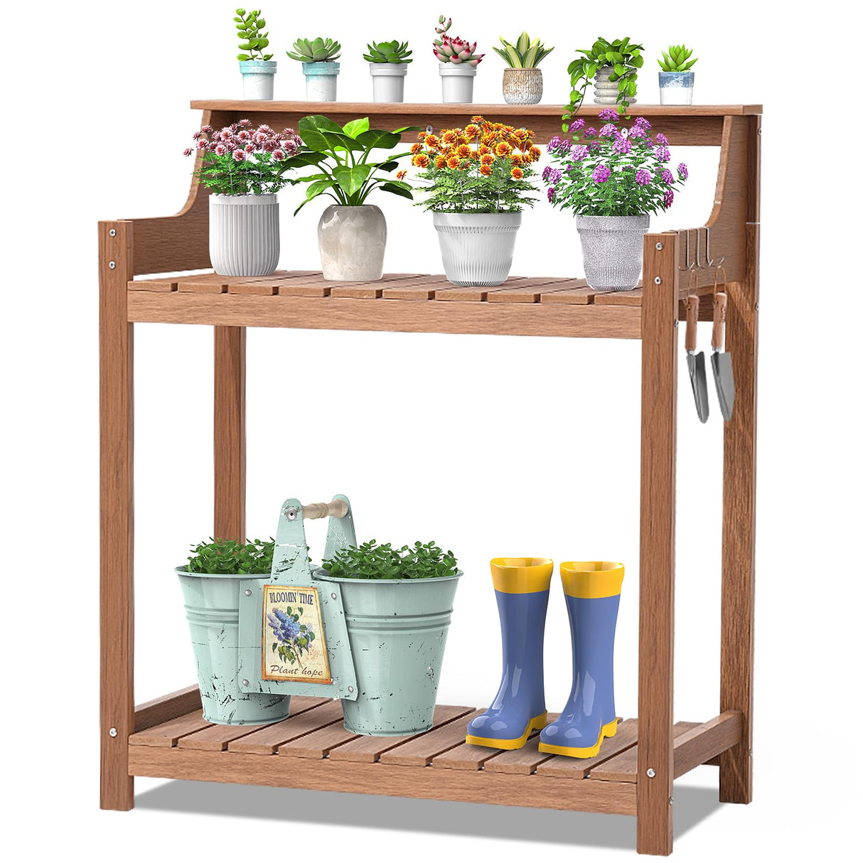 ONBRILL HDPS Potting Bench, All Weather Potting Table with 8 Hooks and Highten Tabletop, Easy Assembly Garden Work Bench, Outdoor Potting Benches for Outside Patio Lawn, 360LBS Capacity, Teak ONBRILL