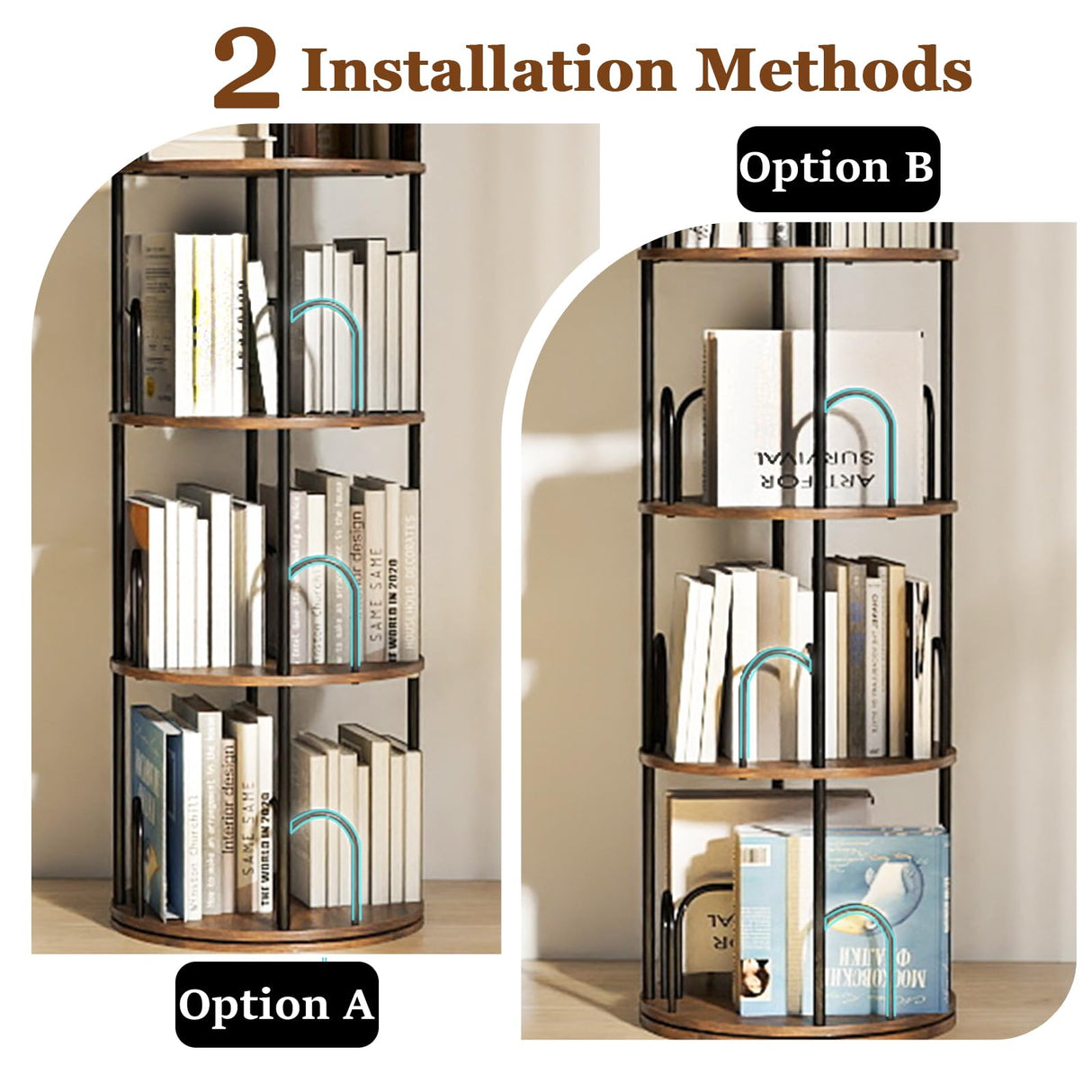 Arbcoler 4 Tier Rotating Bookshelf, 360 ยฐ Display Corner Book Shelf, Stackable Spinning Bookshelf Tower, Narrow Tall Revolving Bookcase, Round Swivel Storage Organizer (Black, 4 Tiers) Arbcoler