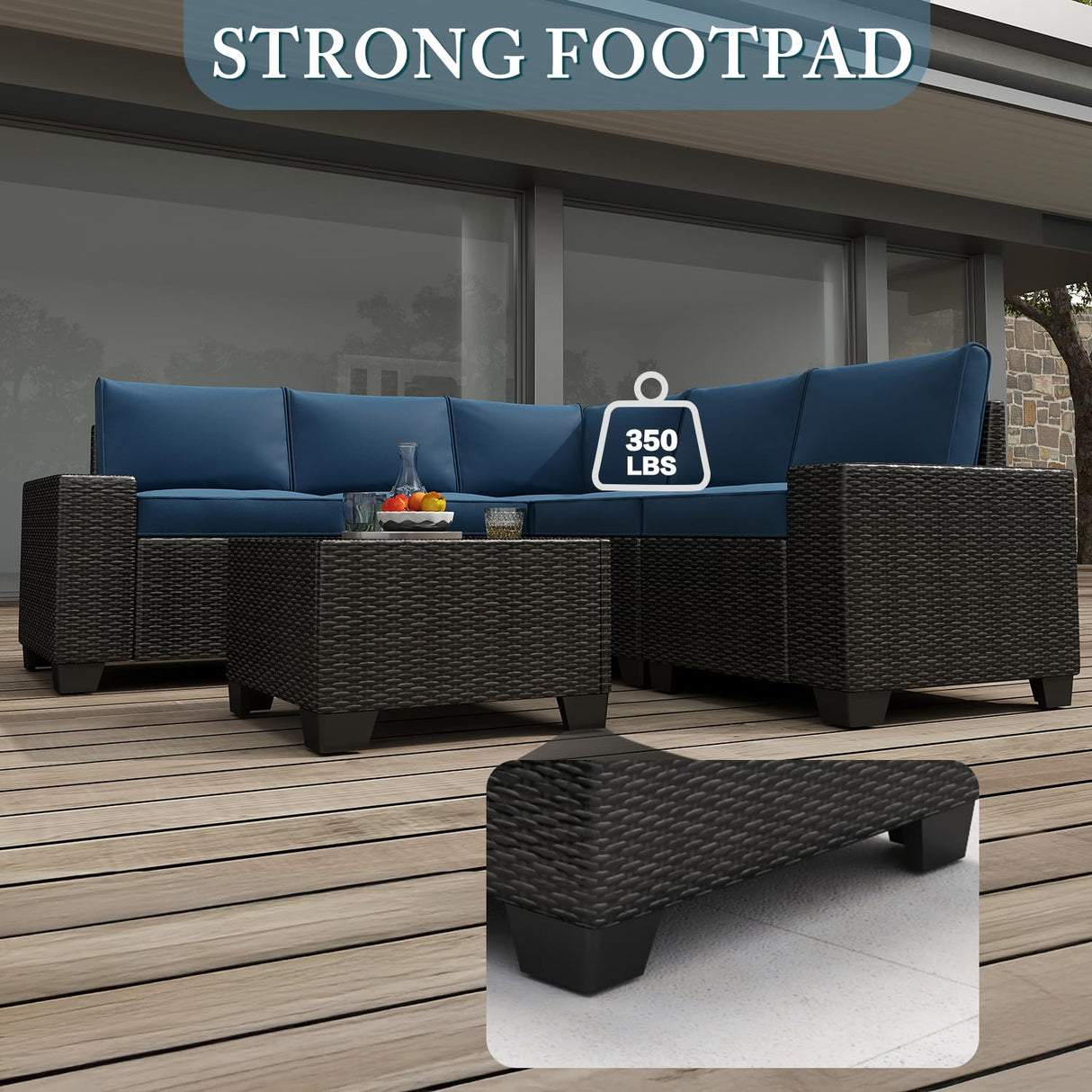 Aohanoi 6 Pieces Patio Furniture Set, Outdoor Sectional Set of 6 w/Wide Armrest, Waterproof Wicker Conversation Set for Backyard, Deck, Lake Blue Aohanoi