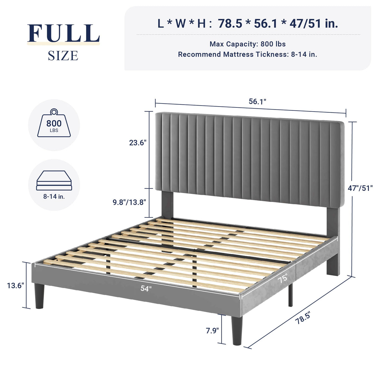 Allewie Full Bed Frame, Velvet Upholstered Platform Bed with Adjustable Vertical Channel Tufted Headboard, Mattress Foundation with Strong Wooden Slats, Box Spring Optional, Easy Assembly, Grey Allewie