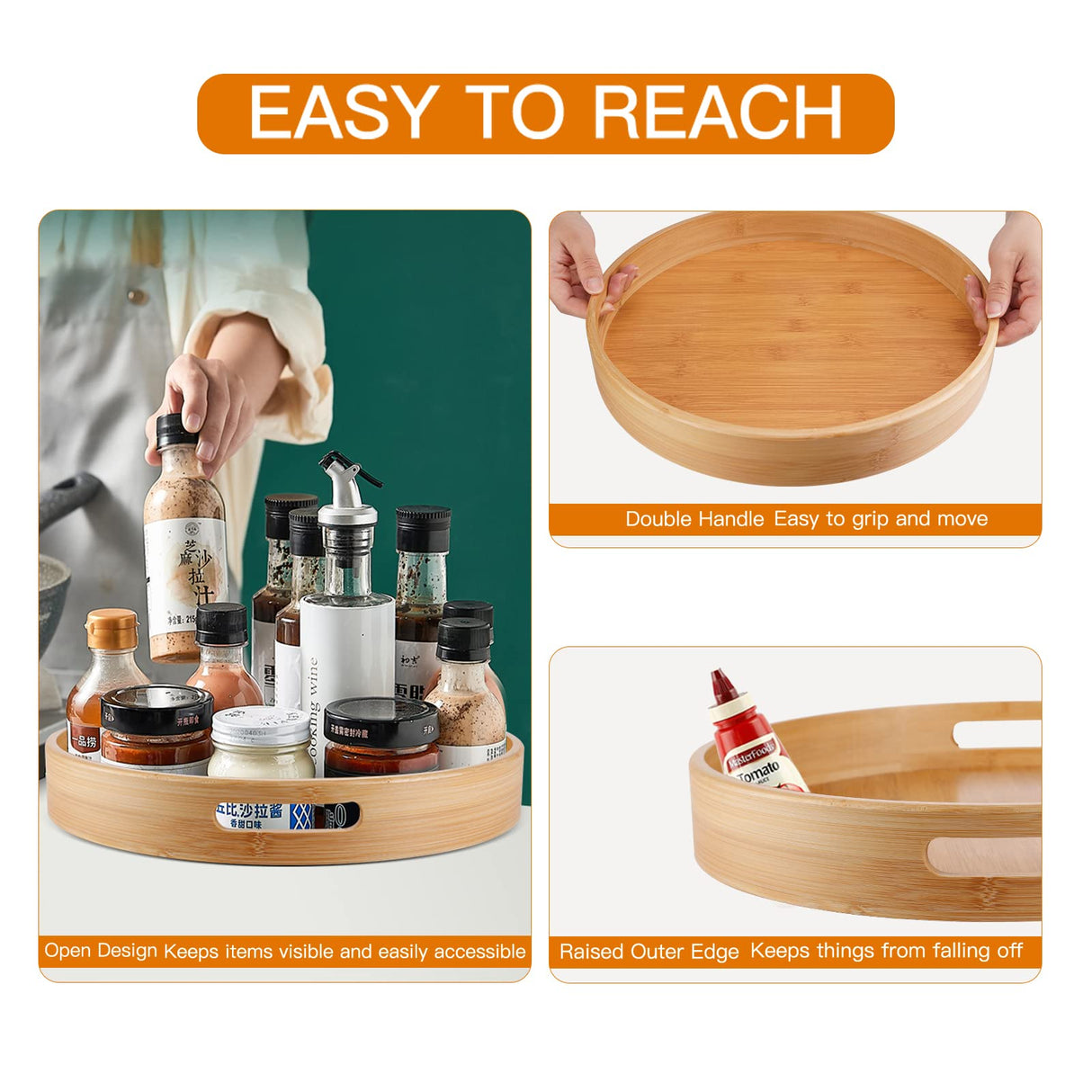 Lazy Susan Organizer 14 inch, Bamboo Lazy Susan for Table, Kitchen Turntable Organizer with Double Handles, Round Wood Rotating Turntable Spice Organizer for Countertop Cabinet or Pantry WEIFUTCH