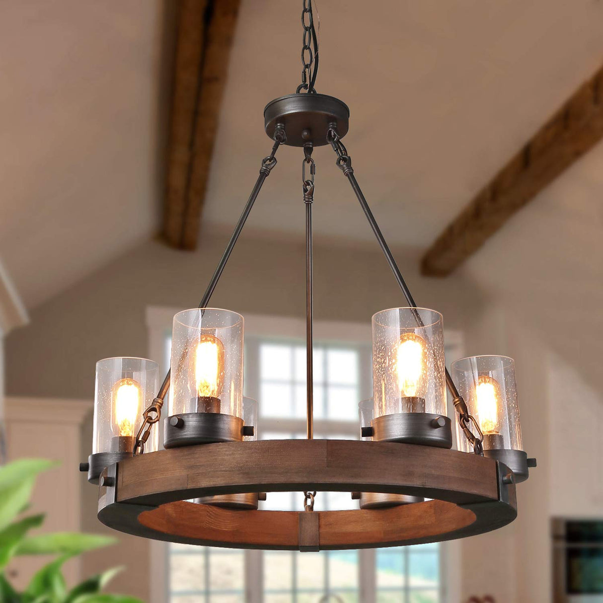 GEPOW Farmhouse Wood Chandelier, Round Wagon Wheel Light Fixture with Seeded Glass Shades for Dining Room, Living Room, Bedroom, Kitchen Island and Foyer GEPOW