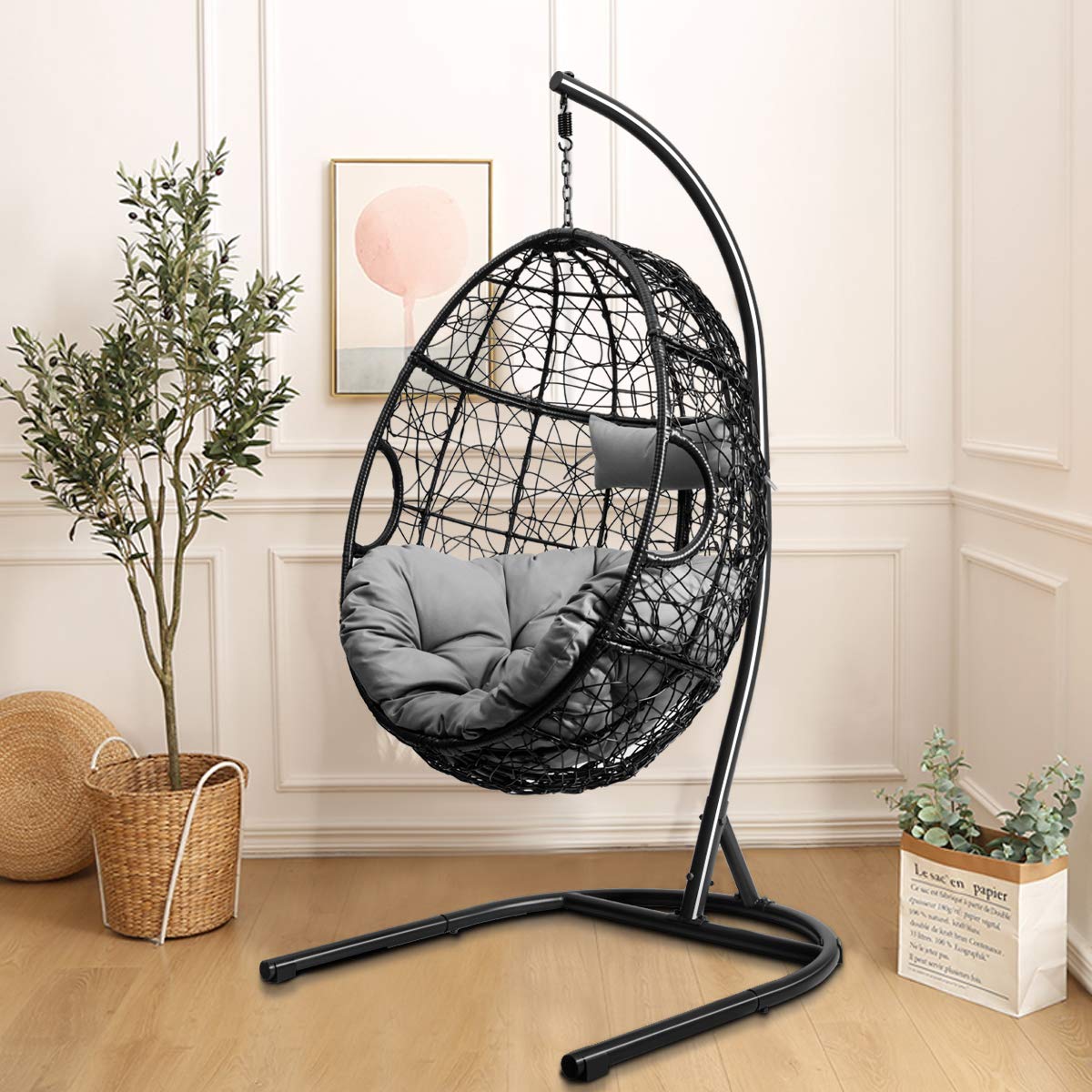 Giantex Hanging Egg Chair, 36.5-Width Oversized Swing Chair with C-Hammock Stand Set, Hammock Chair with Soft Seat Cushion & Pillow, Multifunctional Hanging Chairs for Outdoor Indoor Bedroom (Gray) Giantex