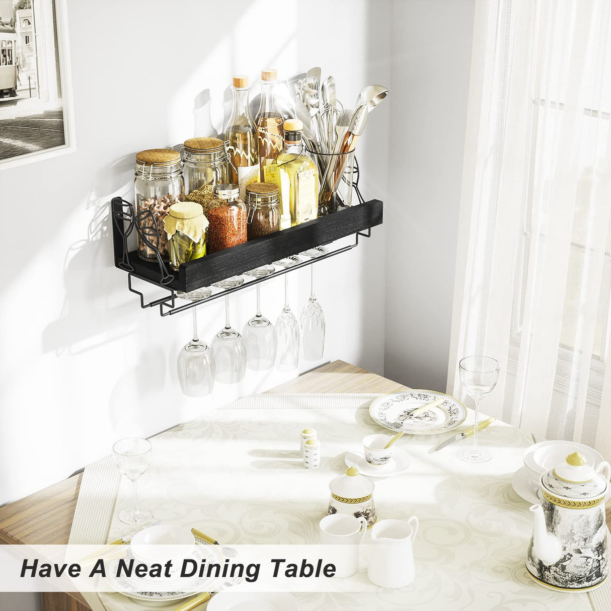 Love-KANKEI Wine Rack with Stemware Hanger, 17inch Wine Glass Rack, Floating Shelf Wall Mounted, Wood Wall Shelf for Kitchen, Dinning Room, Home Bar, Living Room etc, Pitch Black Love-KANKEI