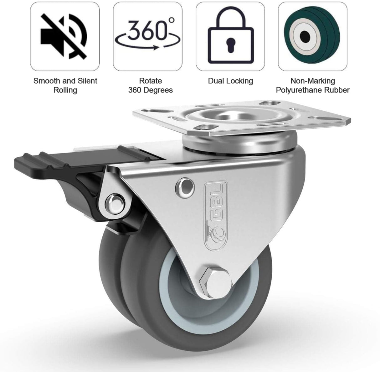 GBL 2 inch Casters Set of 4 Heavy Duty with 2 Locking Brakes + Screws - Up to 880Lbs - Swivel Caster Wheels - No Floor Marks Silent Plate Casters - Silver Castor GBL