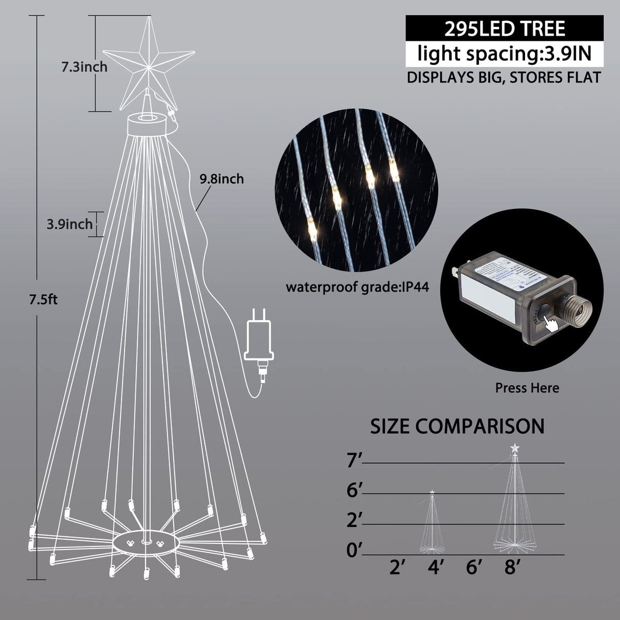 Christmas Cone Tree Light, 7.5ft 295 LED Light Show Christmas Tree with 8 Modes Timer Remote, Dimmable Artificial Christmas Tree for Porch Yard Patio Indoor Outdoor Xmas Holiday Decor, Warm White Brightown