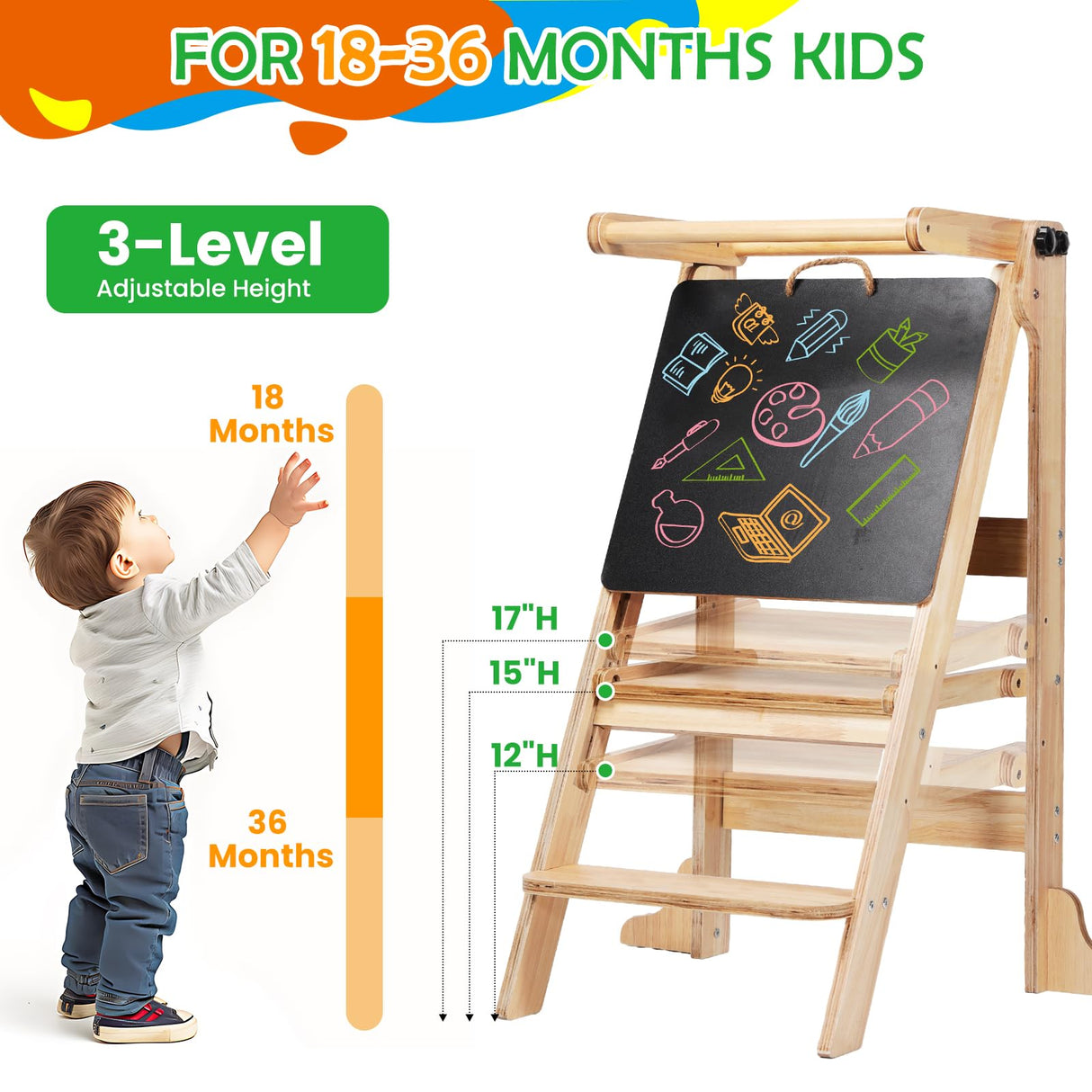 Toddler Tower Foldable - Kids Kitchen Step Stool with 3 Adjustable Heights & Safety Rail, Montessori Tower with Chalkboard for Learning, Standing Tower Helper Stool for Kitchen Counter Sink (Natural) SAUCE ZHAN