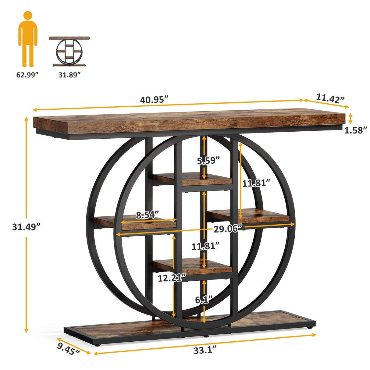 Celaform 41" Console Table, 4-Tier Entryway Table with Circle Base, Industrial Narrow Wood Sofa Accent Tables with Storage Shelves for Living Room, Hallway, Foyer, Rustic Brown Celaform