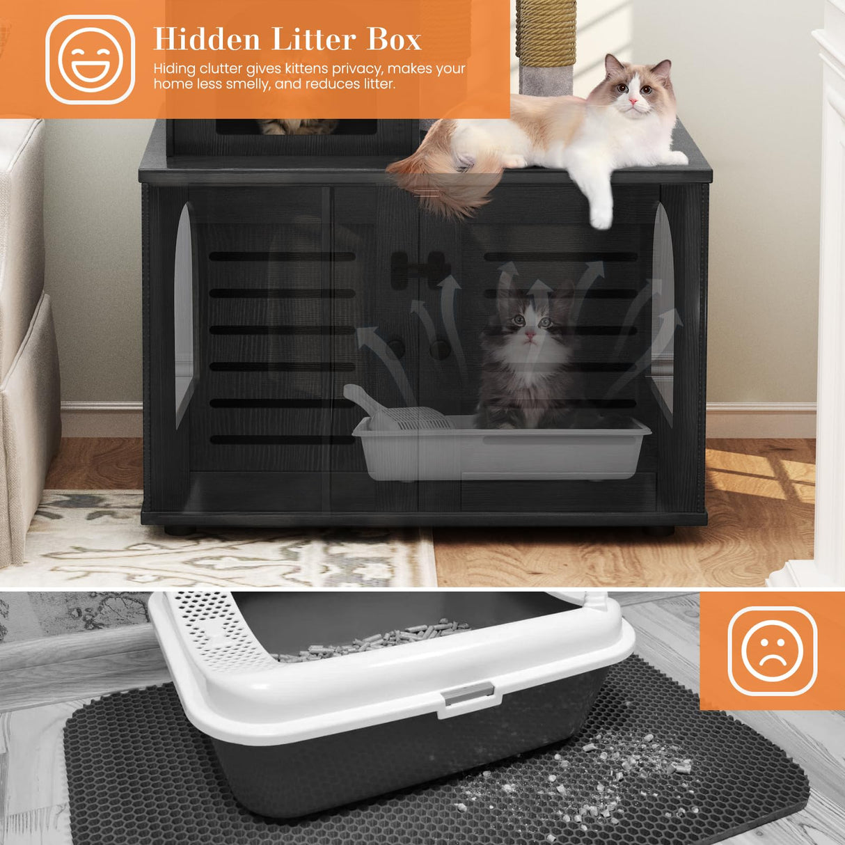 DKLGG Large Wooden Cat Tree House with Hidden Litter Box Enclosure | Multi-Functional Cat Furniture Featuring Sisal Scratching Post, Plush Perch Platform & Divided Condo for Indoor Cats (Black) DKLGG