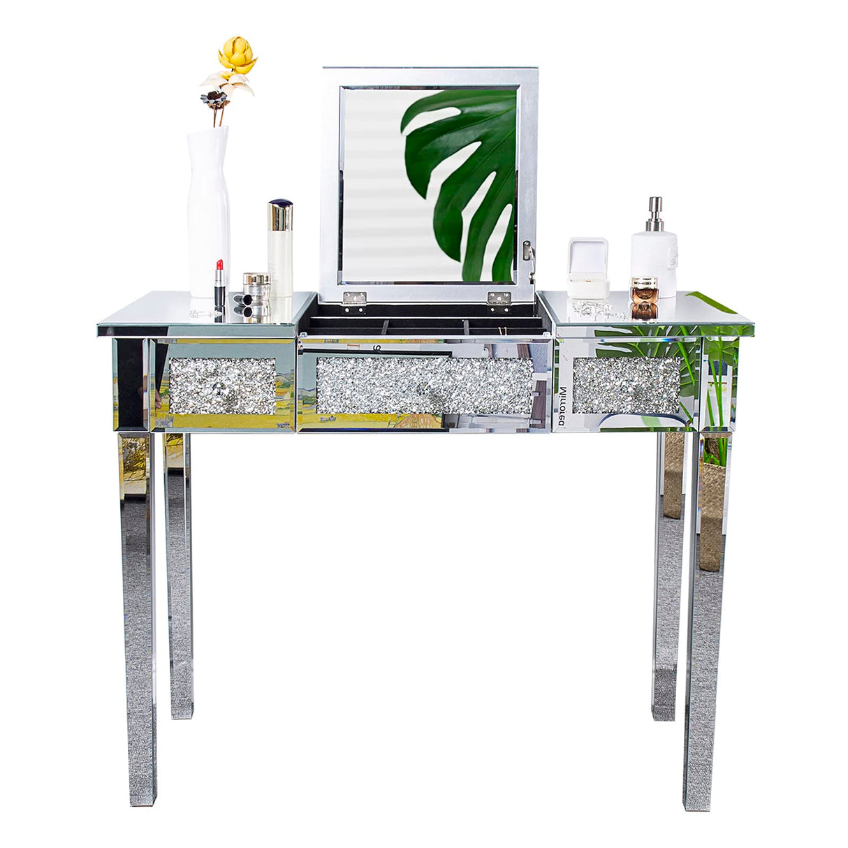 VINGLI Mirrored Vanity Desk with Drawers and Flip Mirror, Glass Vanity, Mirrored Vanity Table, Mirror Vanity Silver Desk, Mirrored Makeup Vanity Table for Bedroom/Makeup Room, Silver VINGLI