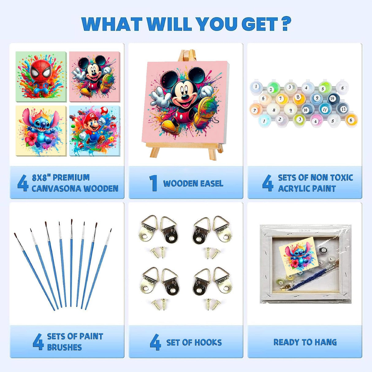 4 Packs Cartoon Paint by Numbers Kits for Kids Framed,Paint by Numbers for Kids Ages 8-12 with Framed Canvas,DIY Easy Painting Kits with Wooden Easel for Home Wall Decor 8X8 Inch Fuinkqe