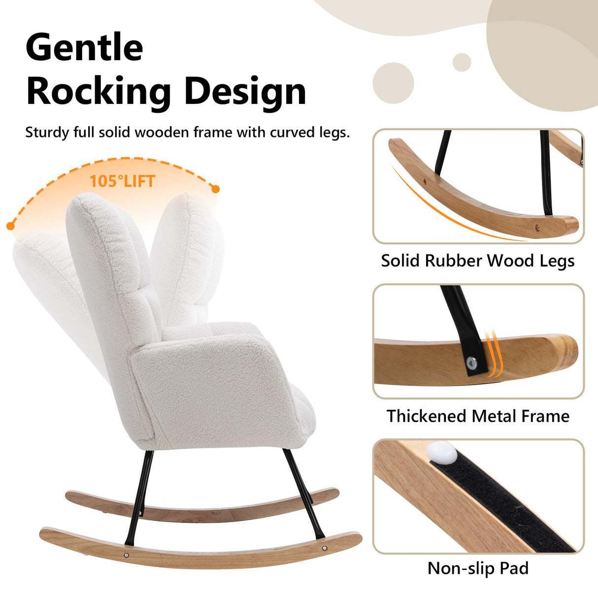 NIOIIKIT Nursery Rocking Chair Teddy Upholstered Glider Rocker Rocking Accent Chair Padded Seat with High Backrest Armchair Comfy Side Chair for Living Room Bedroom Offices (Ivory Teddy) NIOIIKIT