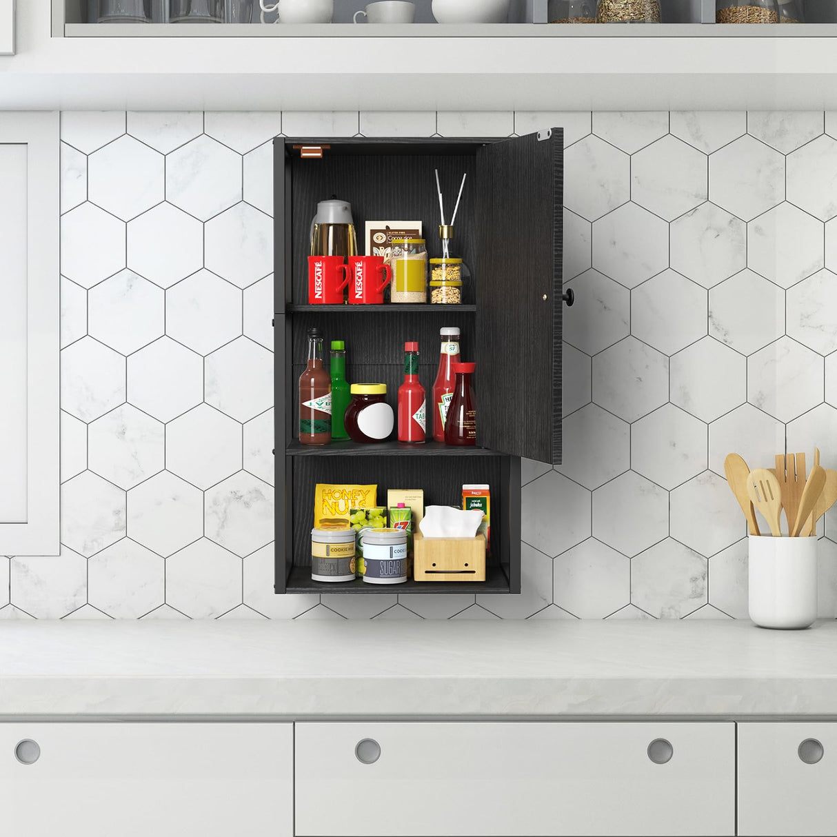 NOVIMANGO Small Bathroom Wall Cabinet, Bathroom Storage Cabinet Wall Mounted, Black Modern Medicine Cabinet, 3-Tier Wall Mounted Storage Cabinet Over The Toilet for Small Spaces, Living Room NOVIMANGO