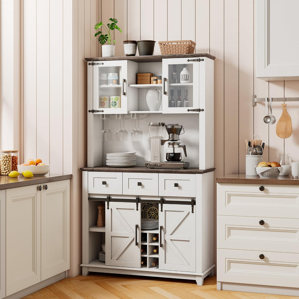 LUXOAK 72" Coffee Bar Wine Cabinet with Sliding Barn Door & LED Lights, Sideboard Buffet Cabinet with Wine Bottle Rack, 3 Drawers, Storage Cabinet for Kitchen, Dining Room, White LUXOAK