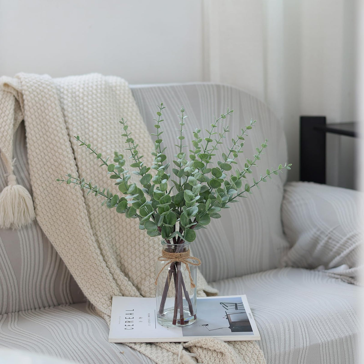 VIERENA 17.5" Artificial Eucalyptus Stems in Glass Vase with Faux Water,Fake Plant Eucalyptus Leaves White Seeds for Centerpiece Table Decorations Farmhouse Wedding Home Greenery Decor (Sage Green) VIERENA