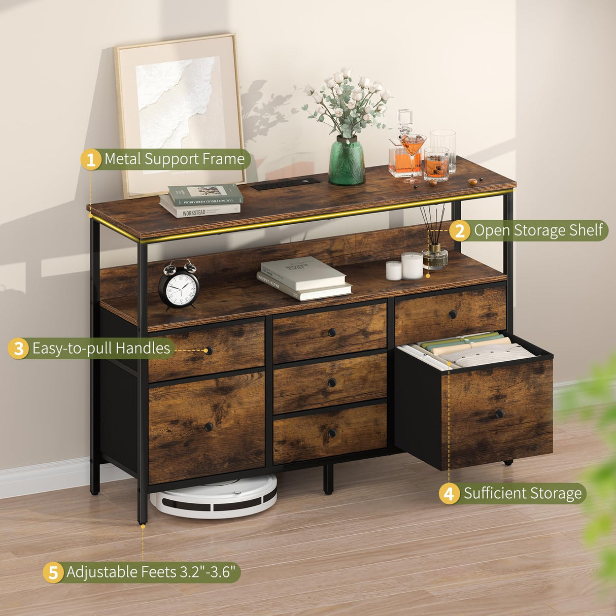 Yoobure TV Stand Dresser for Bedroom, 7 Fabric Drawers Entertainment Center, LED Dressers with Power Outlets, TV Stands for Living Room with Storage Shelf, TV Console Entertainment Stand up to 50" TV Yoobure