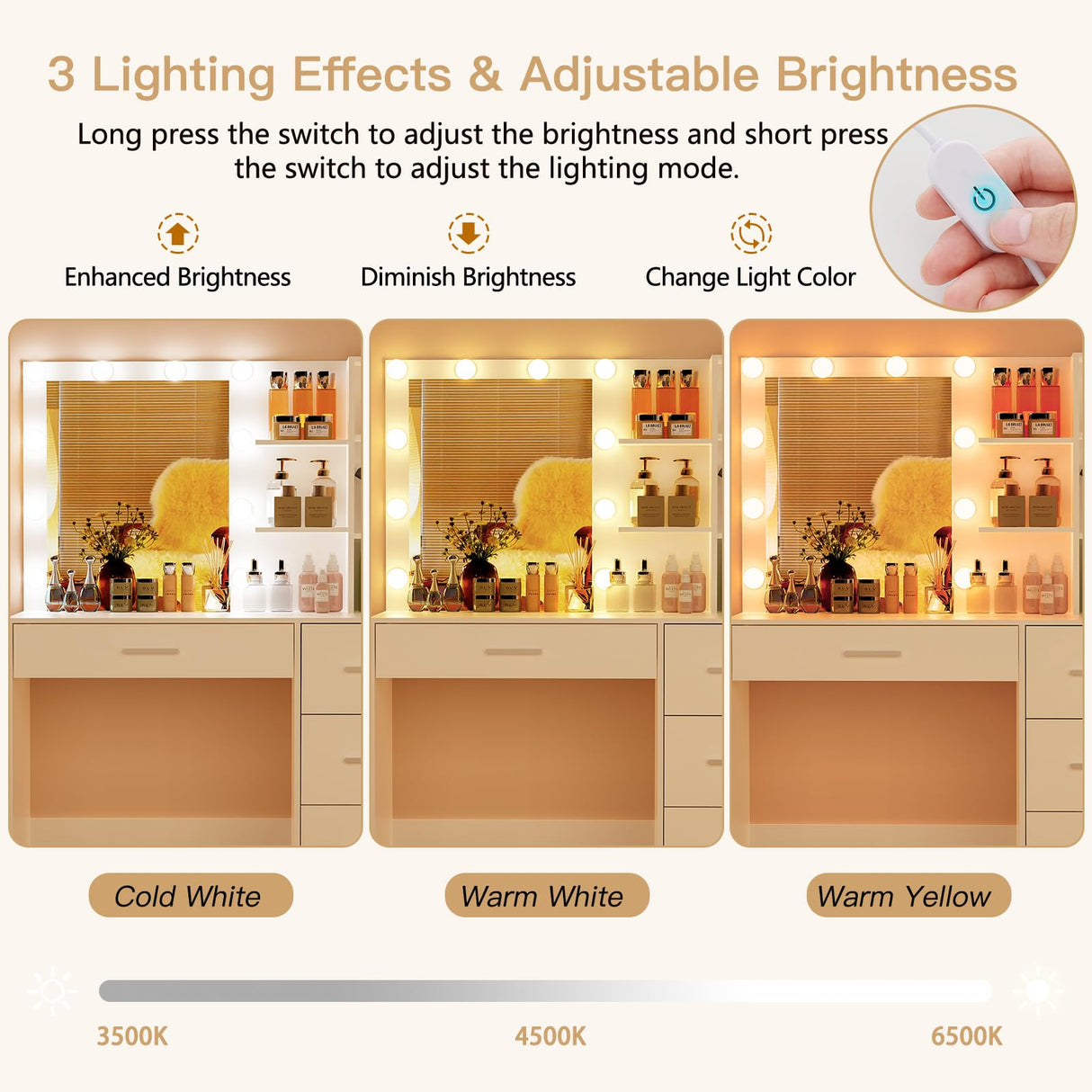 usikey Makeup Vanity with Lights, Vanity Desk with Mirror and 10 LED Lights, Vanity Table Set with 4 Drawers, Cabinet & 4 Necklace Hooks, Dressing Table for Bedroom, White usikey