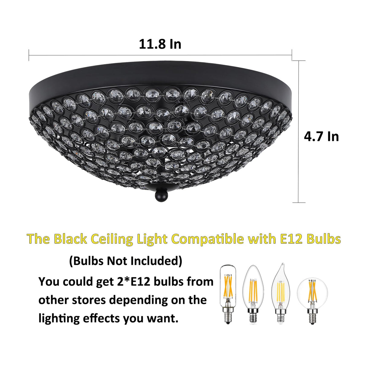 Sheenkarion Modern Black Flush Mount Crystal Ceiling Light,2-Light Crystal Chandelier Ceiling Lighting for Bedroom Living Room Closet Kitchen,Hallway Light Fixtures with Sparkling Crystal Metal Shade Sheenkarion