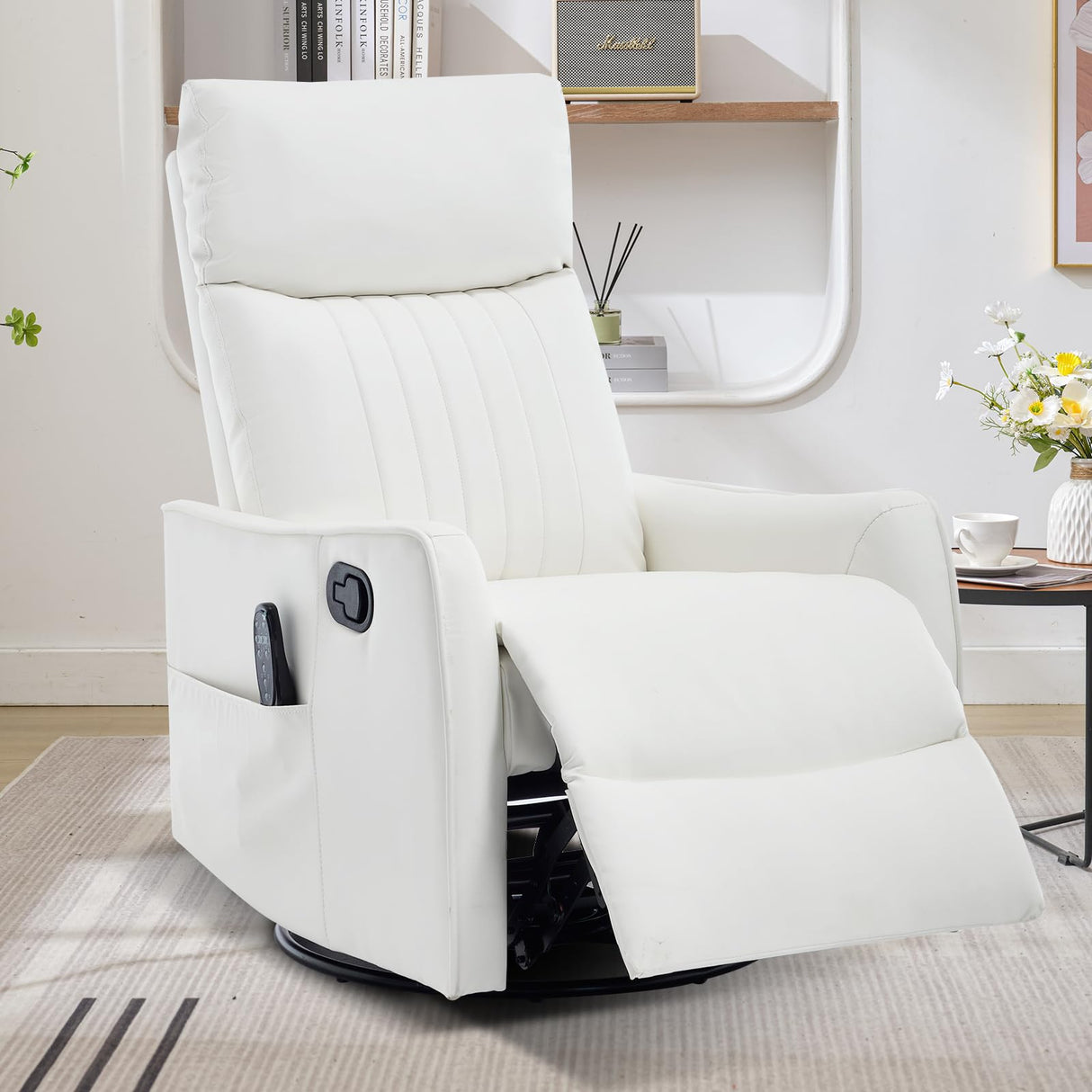 Trustyue Swivel Rocker Recliner Chair, 360° Swivel Recliner with Heat and Massage, Rocker Recliner Upholstered Fabric Nursery Glider Recliner Chair with Side Pockets for Living Room PU White Trustyue