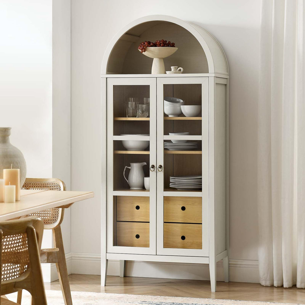 Modway Nolan Modern Farmhouse 71" Tall Arched Storage Display Cabinet in White Oak Wood Grain Modway