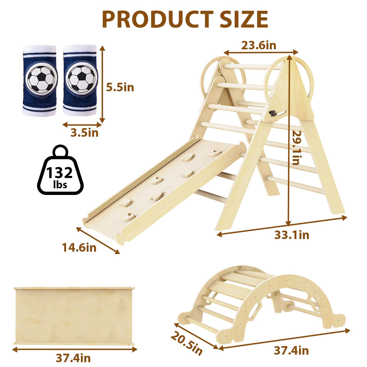 Doerpuz Pikler Triangle Set 7 in 1,Foldable Baby Climbing Toys Wooden,Toddler Climbing Toys Indoor,Climbing Toys for Toddlers 1-3,with Ramp, Arch and Ladder(Nature Wood) Doerpuz