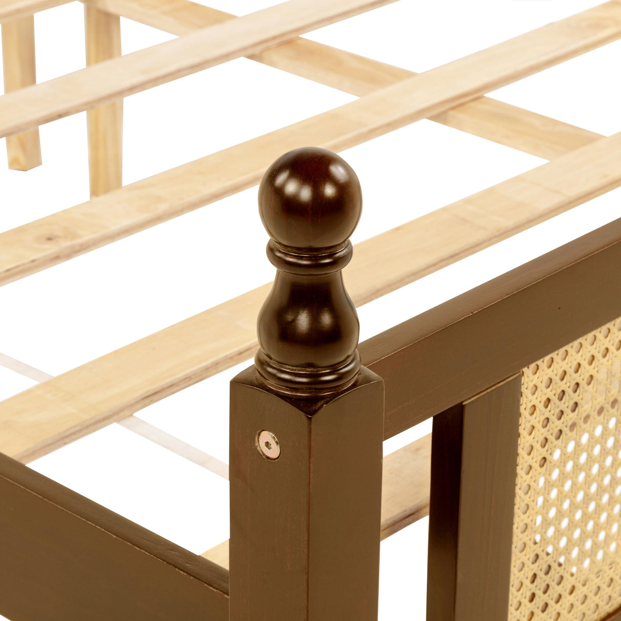 DNChuan Queen Size Platform Bed with Retro Style Rattan Headboard and Footboard,4-Post Wood Bed Frame with Central Enhanced,No Box Spring Needed, Walnut DNChuan