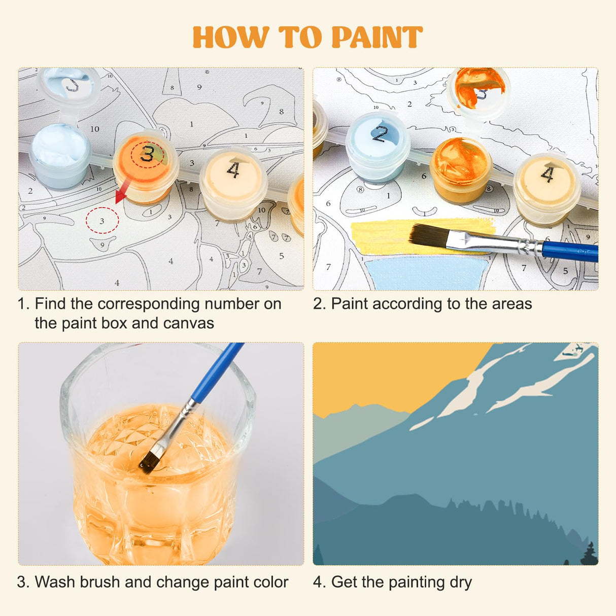 MXJSUA 4 Pack Sunset Mountain Paint by Numbers Kit with Framed Canvas for Ages 6-12 Kids, Paint by Numbers Kits for Children Beginners, Acrylic Oil Painting for Home Wall Decor Gift (8x8 inch) MXJSUA