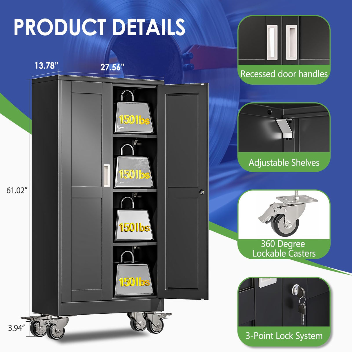 AUEYTVR 61" Tall Metal Garage Storage Cabinet with Wheels and Locking Doors and Tall Rolling Steel Tool Cabinet with 3 Adjustable Shelves for Garage,Home,Office,Shop (Black) AUEYTVR